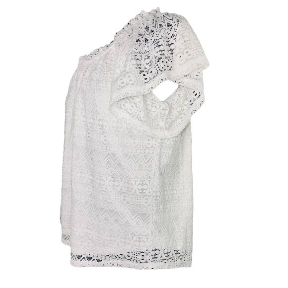 Melrose And Market White Lace Eyelet Cutout Off Shoulder Ruffle Sleeve SM Blouse - Picture 2 of 6